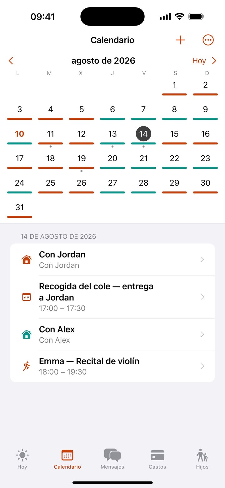 El calendario de custodia de Coparoo: días con el color de cada progenitor y la entrega de hoy