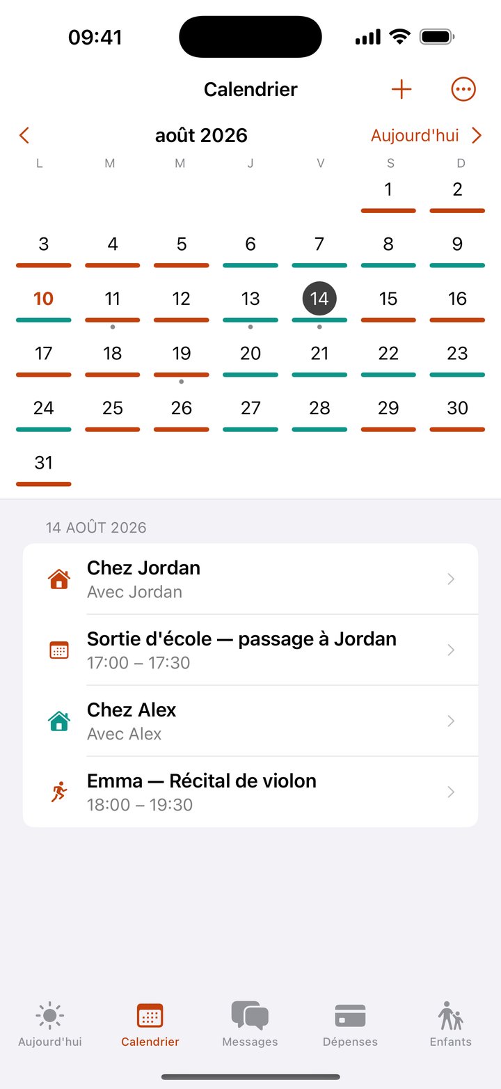 Le calendrier de garde de Coparoo : jours colorés par parent et remise du jour
