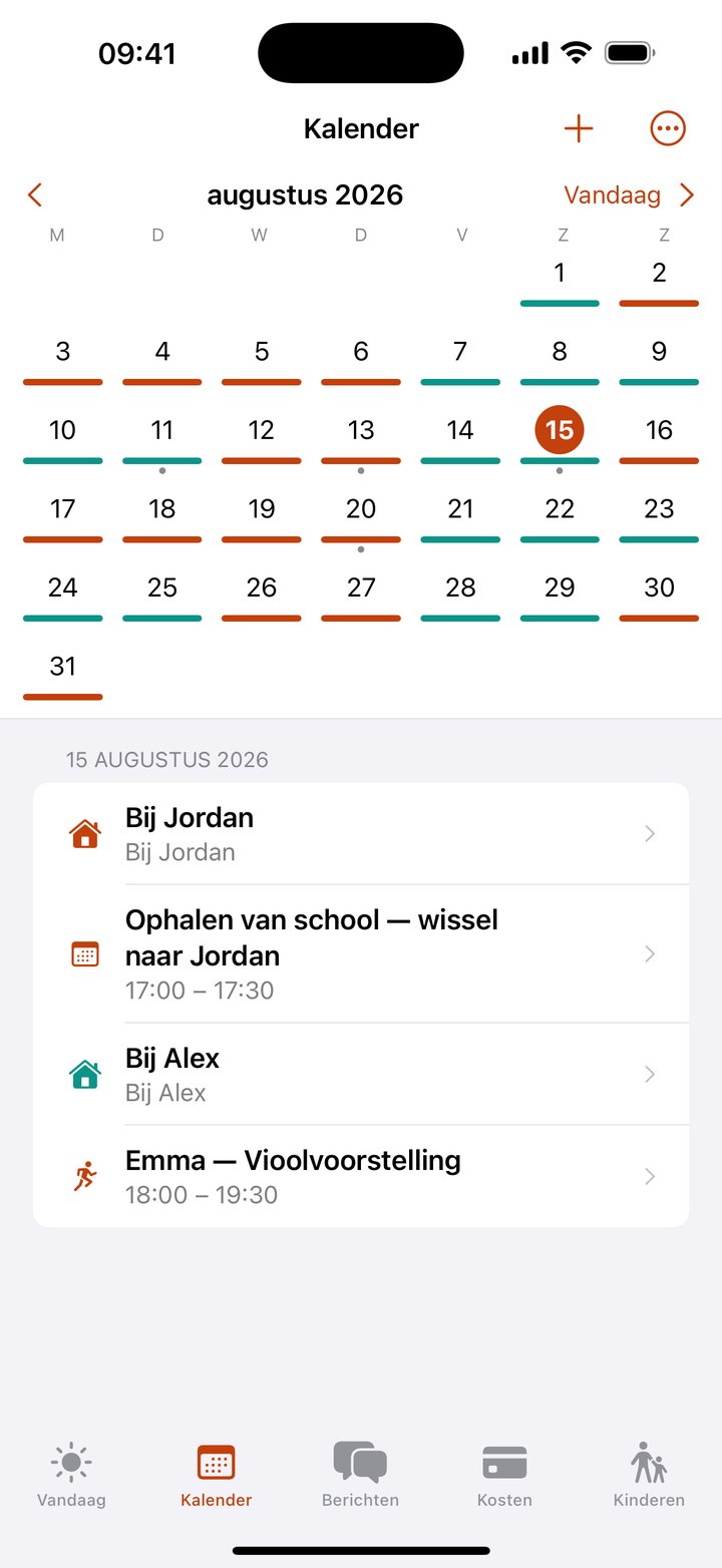 De zorgkalender van Coparoo: dagen met een kleurcode per ouder en de overdracht van vandaag