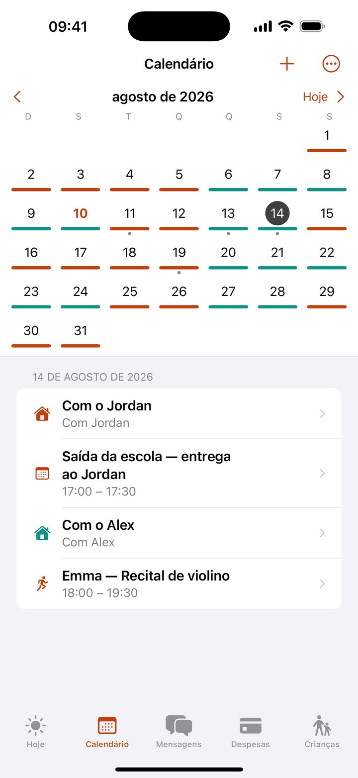 O calendário de guarda do Coparoo: dias com a cor de cada genitor e a entrega de hoje